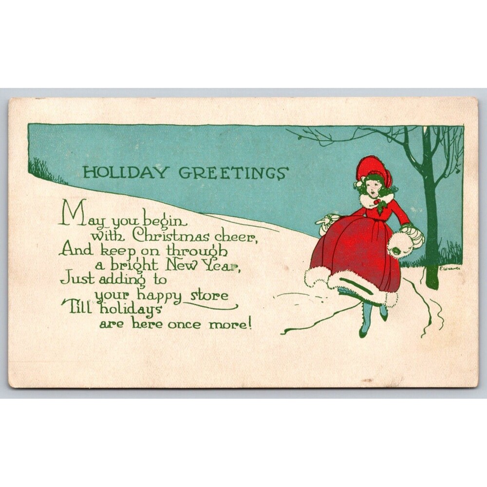 Vtg Christmas Postcard Woman in Red Coat Holiday Greetings c1910s E. Weaver
